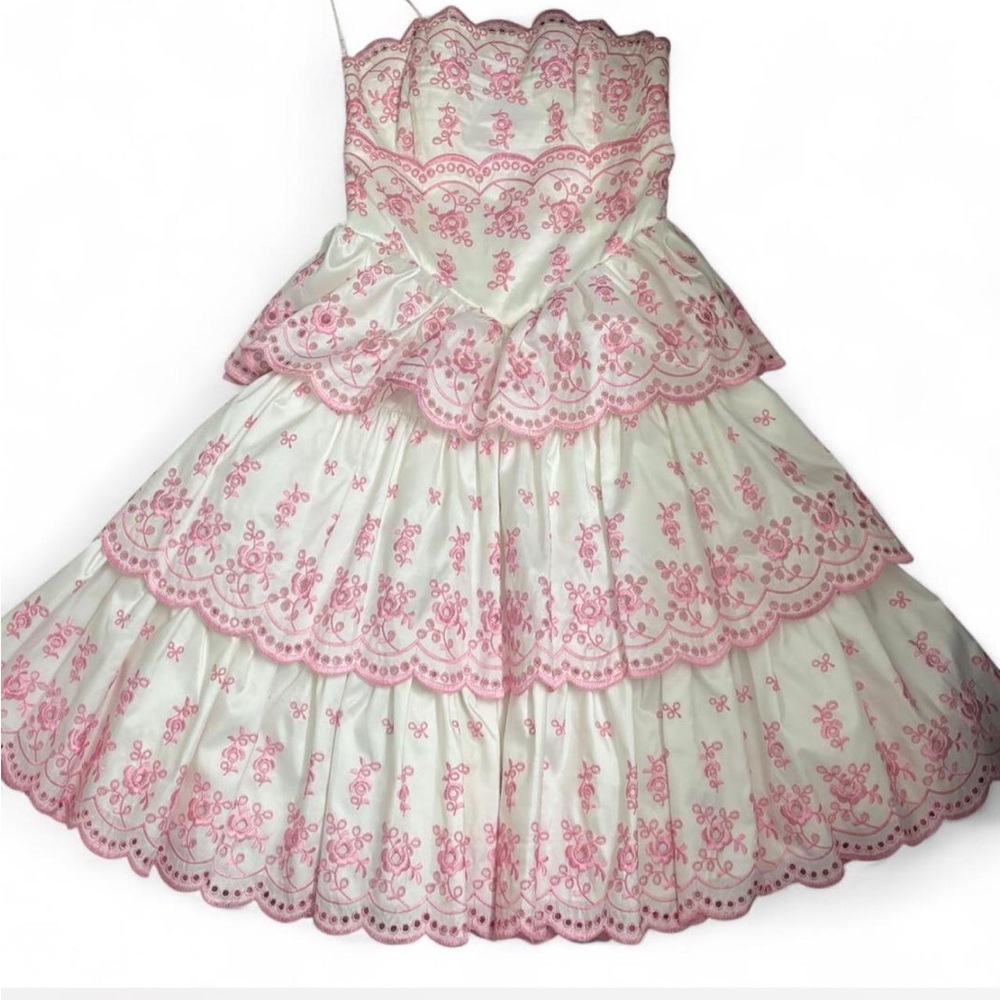 Betsey Johnson Evening Black Label Pink White Strapless Cupcake Tiered Dress